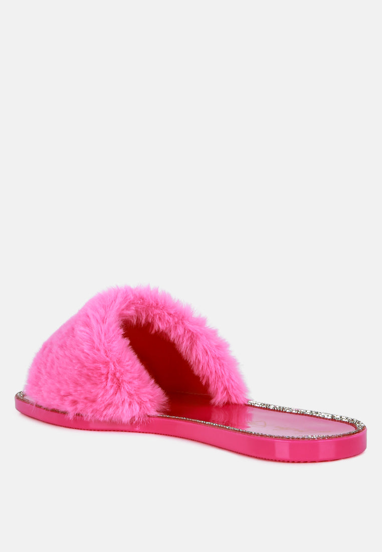 Geese Faux Fur Diamante Detail Jelly Flats-2