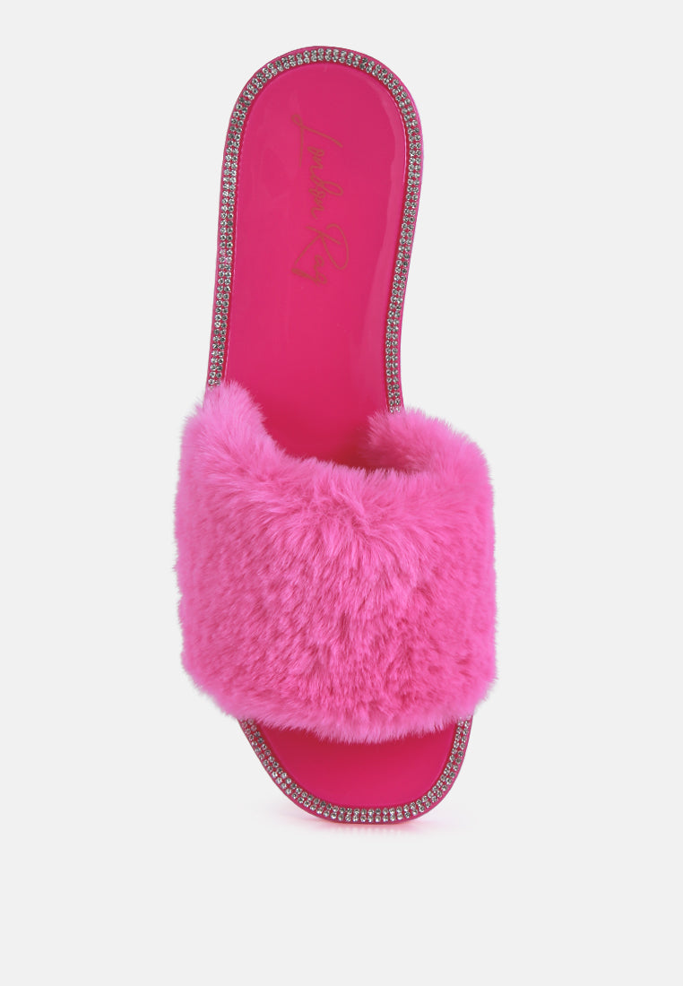 Geese Faux Fur Diamante Detail Jelly Flats-3