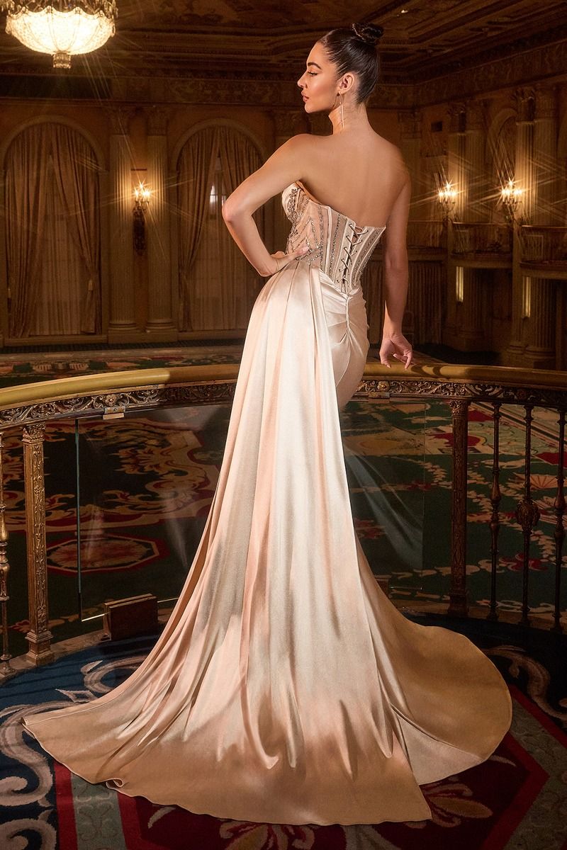 Rhinestones Embellished Long Evening Dress w/ Side Drape & Beaded Bodice CDKV1131
