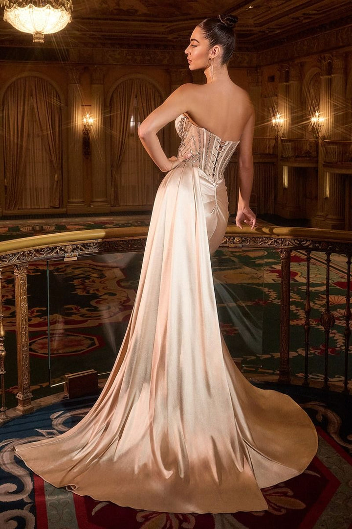 Rhinestones Embellished Long Evening Dress w/ Side Drape &amp; Beaded Bodice CDKV1131