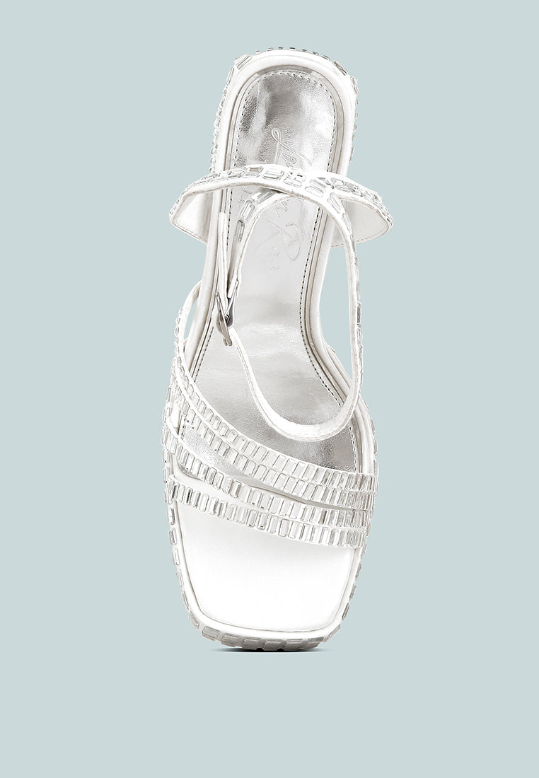 Lustrous Mirror Embellished Flare Block Heel Sandals-4
