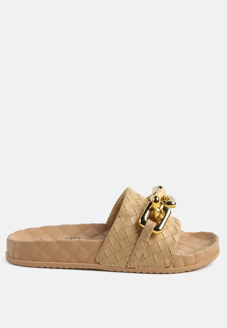 Miami Shot Bling Chain Strap Woven Slip On Flats-5