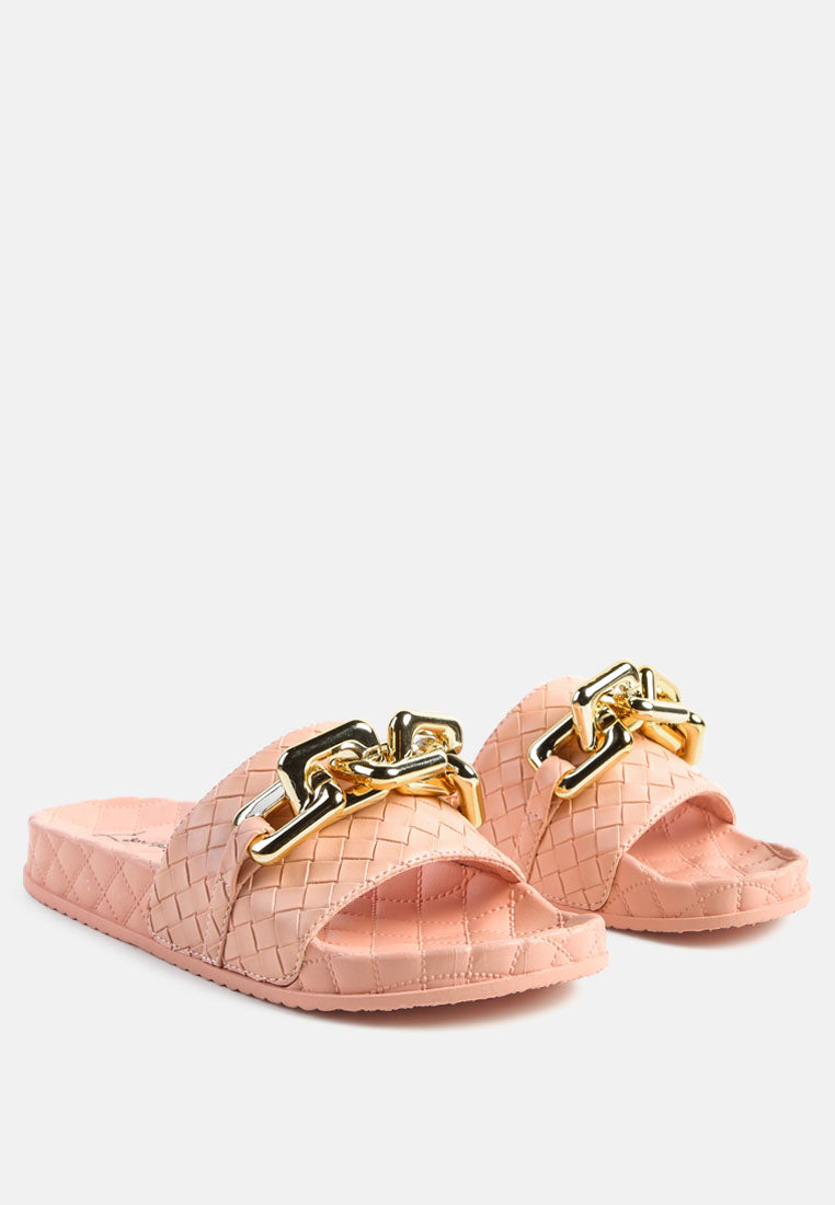 Miami Shot Bling Chain Strap Woven Slip On Flats-1