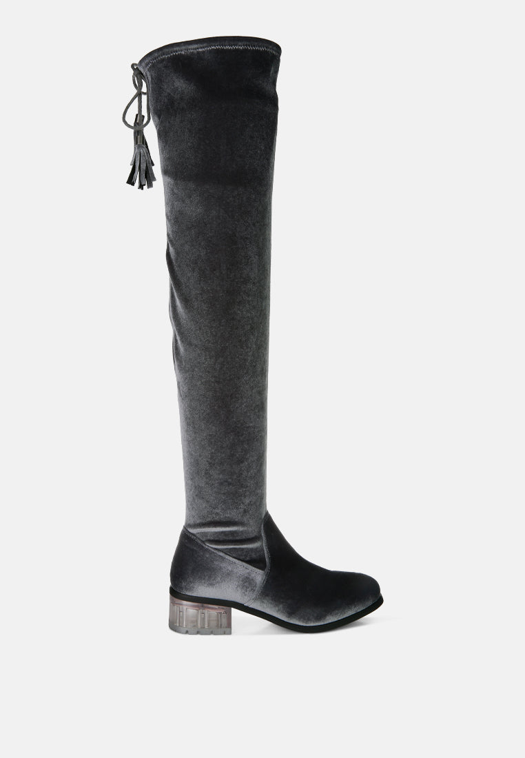 Rumple Velvet Over The Knee Clear Heel Boots-5